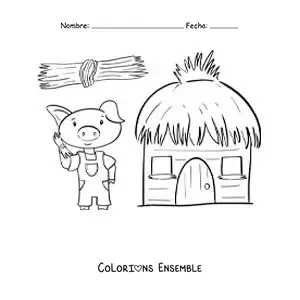 Image à colorier d'un des trois petits cochons qui construit sa maison en paille