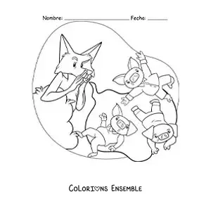Image à colorier du grand méchant loup qui souffle sur les trois petits cochons