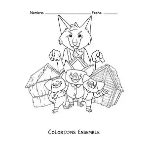 Image à colorier du grand méchant loup prêt à abattre les maisons des trois petits cochons