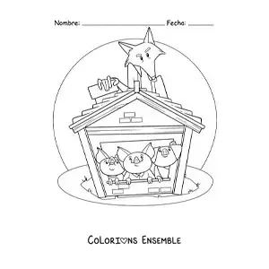 Image à colorier des trois petits cochons cachés du loup dans la maison en briques