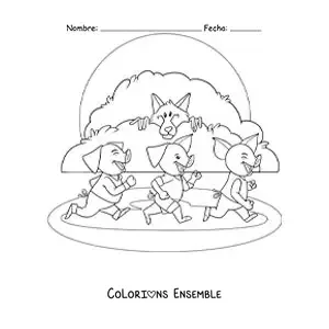 Image à colorier du grand méchant loup qui poursuit les trois petits cochons du conte