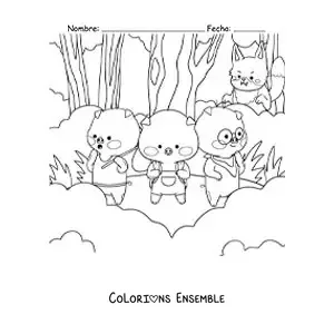 Image à colorier du grand méchant loup qui guette les trois petits cochons dans la forêt