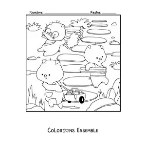 Image à colorier des trois petits cochons kawaii en dessin animé qui construisent leurs maisons