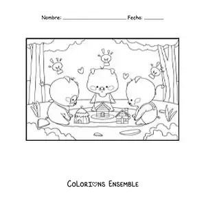 Image à colorier des 3 petits cochons kawaii qui construisent leurs maisons dans la forêt