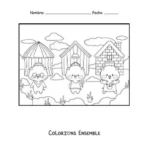 Image à colorier des trois petits cochons en dessin animé et de leurs maisons