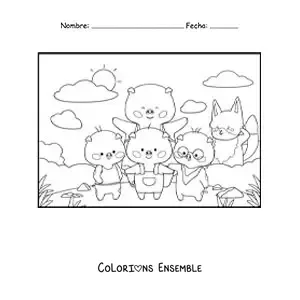 Image à colorier de la famille des trois petits cochons et du loup