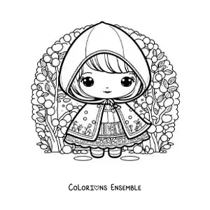 Image à colorier du Petit Chaperon rouge kawaii dans la forêt