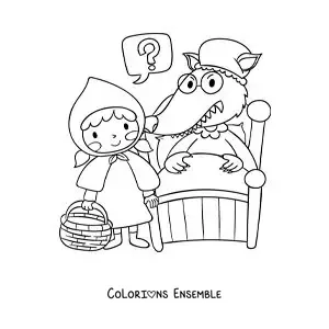 Image à colorier du Petit Chaperon rouge en dessin animé avec le loup déguisé en grand-mère