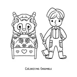 Image à colorier du grand méchant loup déguisé et du bûcheron