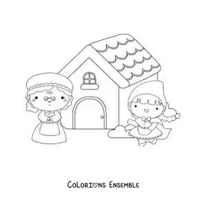 Image à colorier du Petit Chaperon rouge en dessin animé dans la maison de la grand-mère