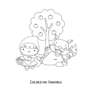 Image à colorier du Petit Chaperon rouge et du grand méchant loup dans la forêt