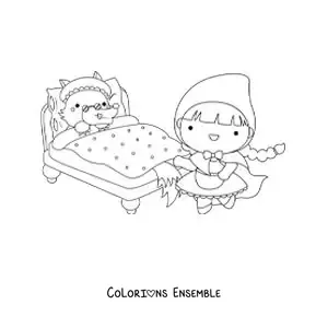 Image à colorier du Petit Chaperon rouge et du grand méchant loup déguisé en grand-mère