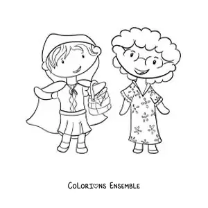 Image à colorier du Petit Chaperon rouge qui apporte des fleurs à sa grand-mère