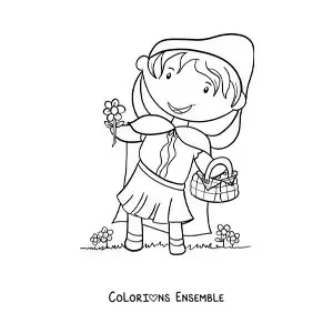 Image à colorier du Petit Chaperon rouge qui cueille des fleurs dans un panier