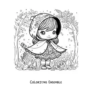 Image à colorier du Petit Chaperon rouge kawaii en dessin animé dans la forêt