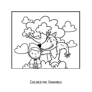 Image à colorier du Petit Chaperon rouge en dessin animé et du loup dans la forêt