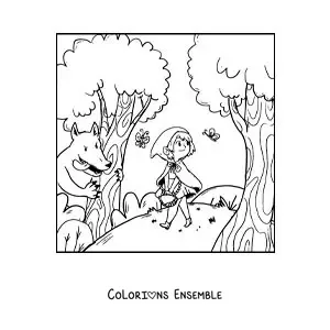 Image à colorier du grand méchant loup qui poursuit le Petit Chaperon rouge dans la forêt
