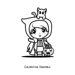 Image à colorier d'un costume de Petit Chaperon rouge kawaii d'Halloween