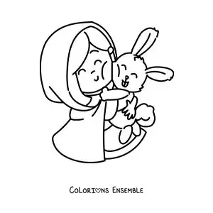 Image à colorier du Petit Chaperon rouge en dessin animé avec un lapin