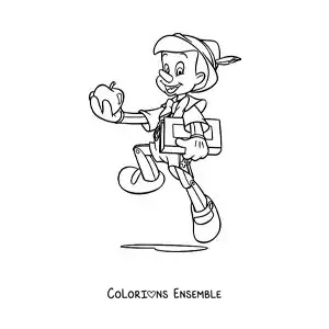 Image à colorier de Pinocchio avec un livre et une pomme