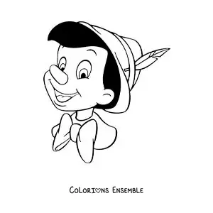 Image à colorier du visage de Pinocchio en dessin animé