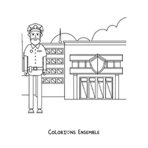 Image à colorier d’un policier devant le commissariat