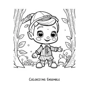 Image à colorier de Pinocchio kawaii dans la forêt