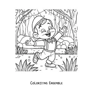 Image à colorier de Pinocchio joyeux dans la forêt