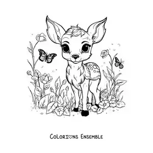 Image à colorier de Bambi kawaii avec des papillons