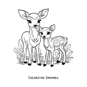 Image à colorier de Bambi kawaii avec sa maman