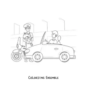 Image à colorier d’un policier de la circulation verbalisant un conducteur