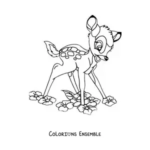 Image à colorier de Bambi en dessin animé qui apprend à marcher parmi les fleurs