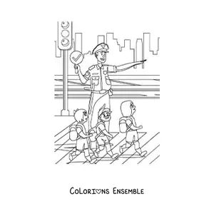 Image à colorier d’un policier de la circulation aidant des enfants à traverser la rue