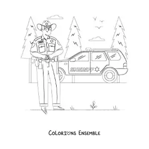 Image à colorier d’un shérif à côté d’une voiture de patrouille