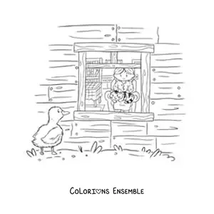 Image à colorier du Vilain Petit Canard qui regarde à travers la fenêtre