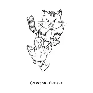 Image à colorier du Vilain Petit Canard en dessin animé qui fuit un chat
