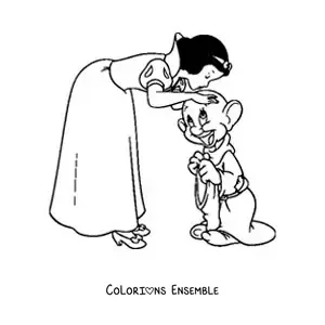 Image à colorier de Blanche-Neige qui embrasse l'un des nains