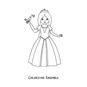 Image à colorier de Blanche-Neige avec un oiseau qui chante