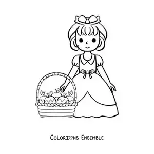 Image à colorier de Blanche-Neige en dessin animé avec un panier de pommes