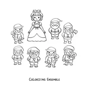 Image à colorier de Blanche-Neige en dessin animé avec les 7 nains