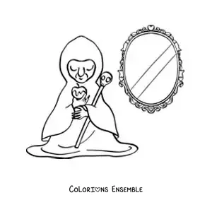 Image à colorier de la méchante sorcière de Blanche-Neige avec son petit miroir