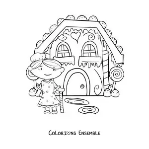 Image à colorier de la sorcière de Hansel et Gretel dans sa maison