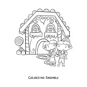 Image à colorier de Hansel et Gretel devant la maison en bonbons