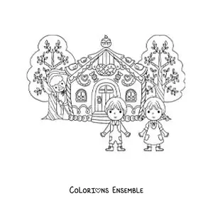 Image à colorier de Hansel et Gretel dans la maison de la sorcière