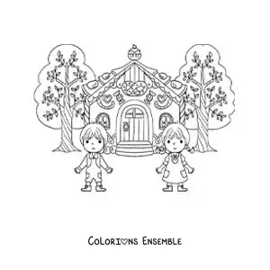 Image à colorier de Hansel et Gretel en dessin animé devant la maison en bonbons