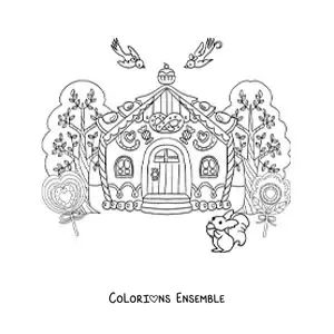 Image à colorier de la maison de la sorcière du conte de Hansel et Gretel