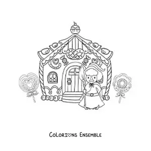 Image à colorier de la sorcière de Hansel et Gretel avec sa maison en bonbons