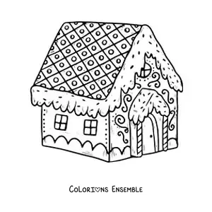 Image à colorier de la maison en bonbons du conte de Hansel et Gretel