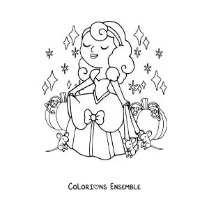 Image à colorier de Cendrillon dans sa robe à côté du carrosse et des petites souris