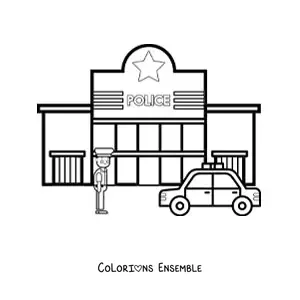 Image à colorier d’un policier et d’une voiture de patrouille devant le commissariat